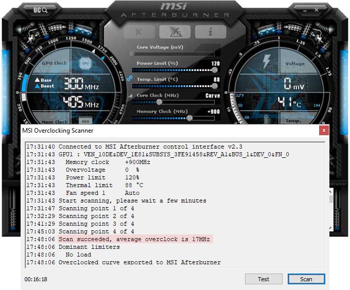 Přetaktování pomocí OC Scanner Gigabyte RTX 2080 SUPER Gaming OC přetaktování Afterburner