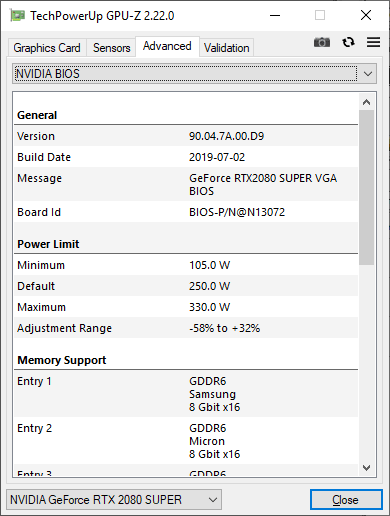 Gainward RTX 2080 SUPER Phantom GLH GPUZ TDP