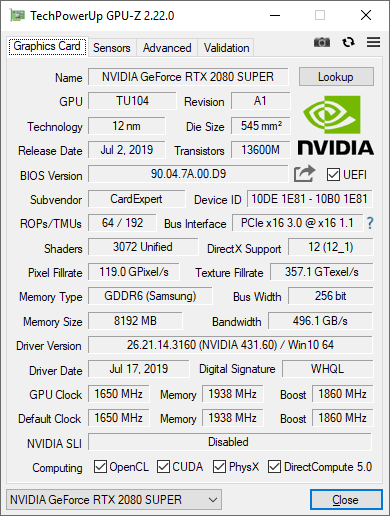 Gainward RTX 2080 SUPER Phantom GLH GPUZ