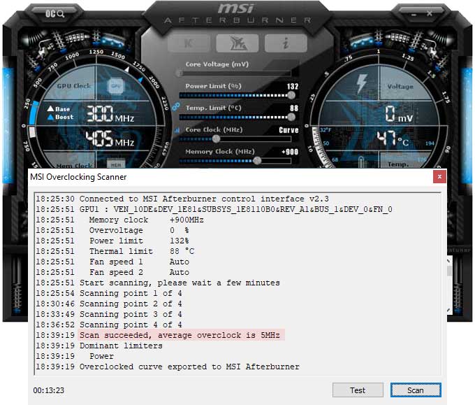 Přetaktování pomocí OC Scanner Gainward RTX 2080 SUPER Phantom GLH přetaktování Afterburner