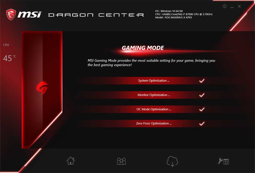 MSI Dragon Center; Gaming mode