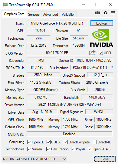 MSI RTX 2070 SUPER Gaming X TRIO GPUZ