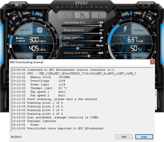 MSI RTX 2070 SUPER Gaming X TRIO přetaktování Afterburner