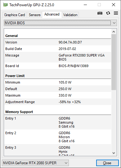 Palit RTX 2080 SUPER WGRP GPUZ TDP