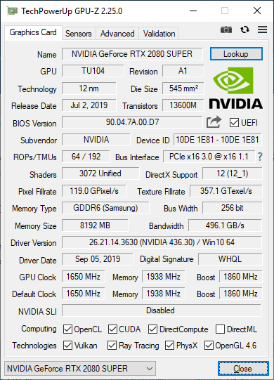 Palit RTX 2080 SUPER WGRP GPUZ