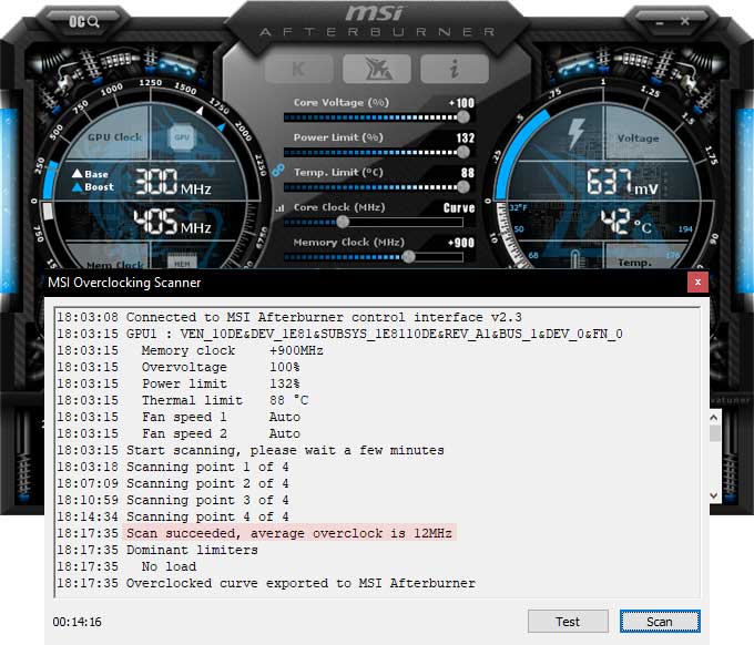 Palit RTX 2080 SUPER WGRP přetaktování Afterburner