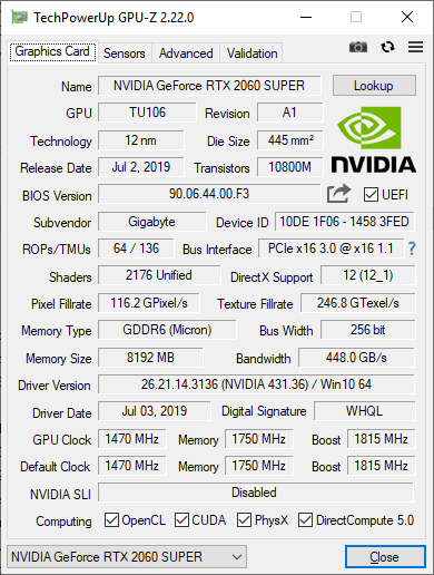 Gigabyte RTX 2060 SUPER Gaming OC GPUZ