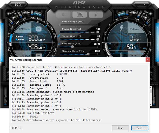 Přetaktování pomocí OC Scanner Gigabyte RTX 2060 SUPER Gaming OC přetaktování Afterburner