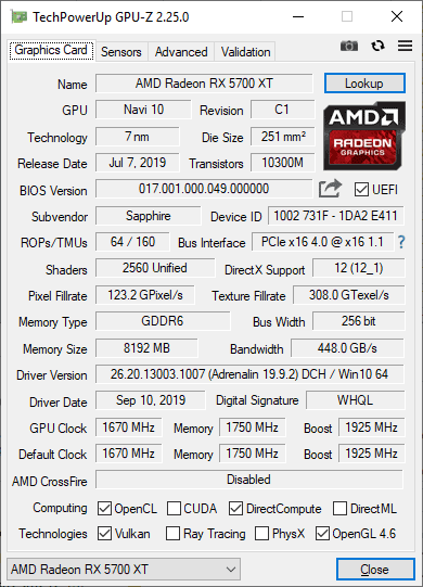 Sapphire Pulse RX 5700 XT 8G GPUZ