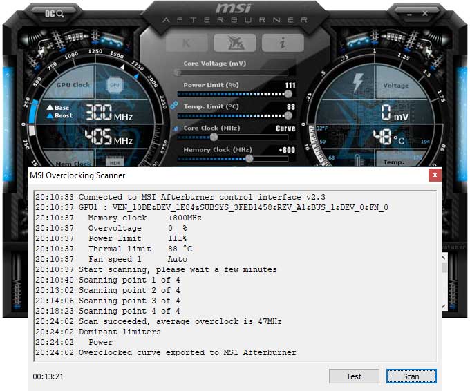 Přetaktování pomocí OC Scanner Gigabyte RTX 2070 SUPER Gaming OC přetaktování Afterburner