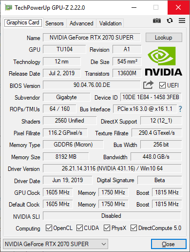 Pro zvětšení klikni Gigabyte RTX 2070 SUPER Gaming OC GPUZ