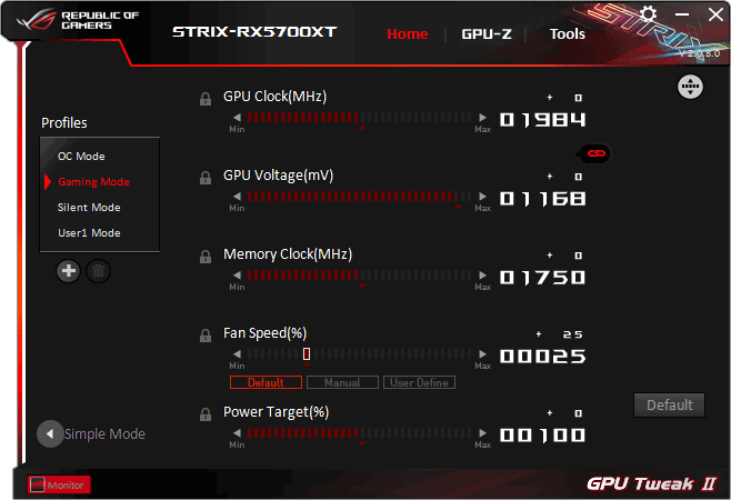 Asus Strix RX 5700 XT O8G Gaming GPU Tweak advanced mode Asus Strix RX 5700 XT O8G Gaming GPU Tweak advanced mode