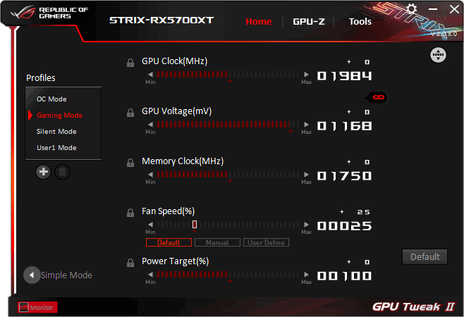 Asus Strix RX 5700 XT O8G Gaming GPU Tweak advanced mode