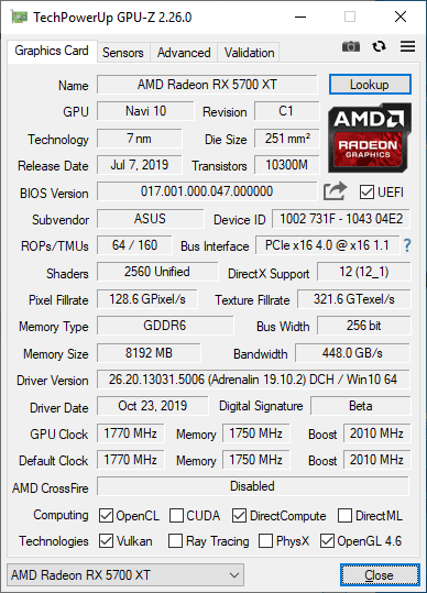 Asus Strix RX 5700 XT O8G Gaming GPUZ; Performance mode