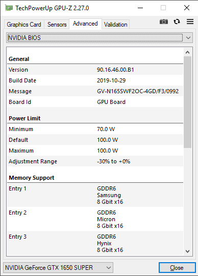 Gigabyte GTX 1650 SUPER Windforce OC GPUZ TDP