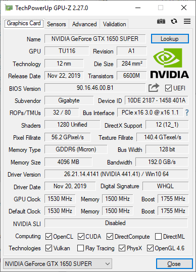 Pro zvětšení klikni Gigabyte GTX 1650 SUPER Windforce OC GPUZ