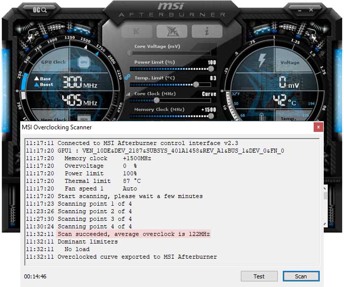 Přetaktování pomocí OC Scanner Gigabyte GTX 1650 SUPER Windforce OC přetaktování Afterburner