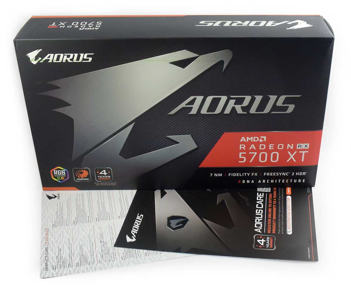 Pro zvětšení klikni Gigabyte AORUS RX 5700 XT 8G; balení
