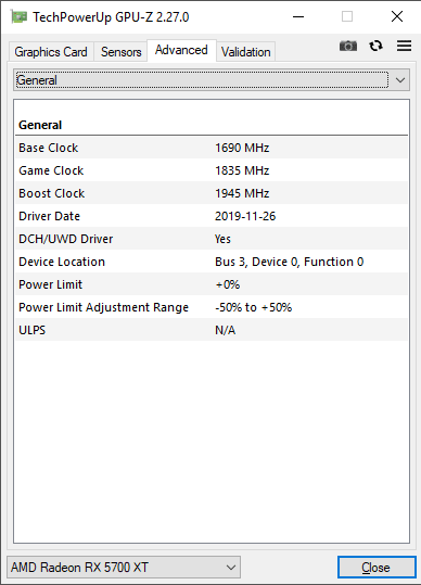 Gigabyte AORUS RX 5700 XT 8G GPUZ; Silent mode