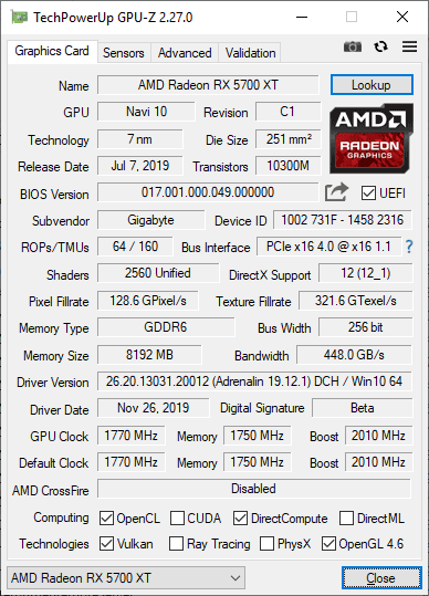 Pro zvětšení klikni Gigabyte AORUS RX 5700 XT 8G GPUZ; OC mode