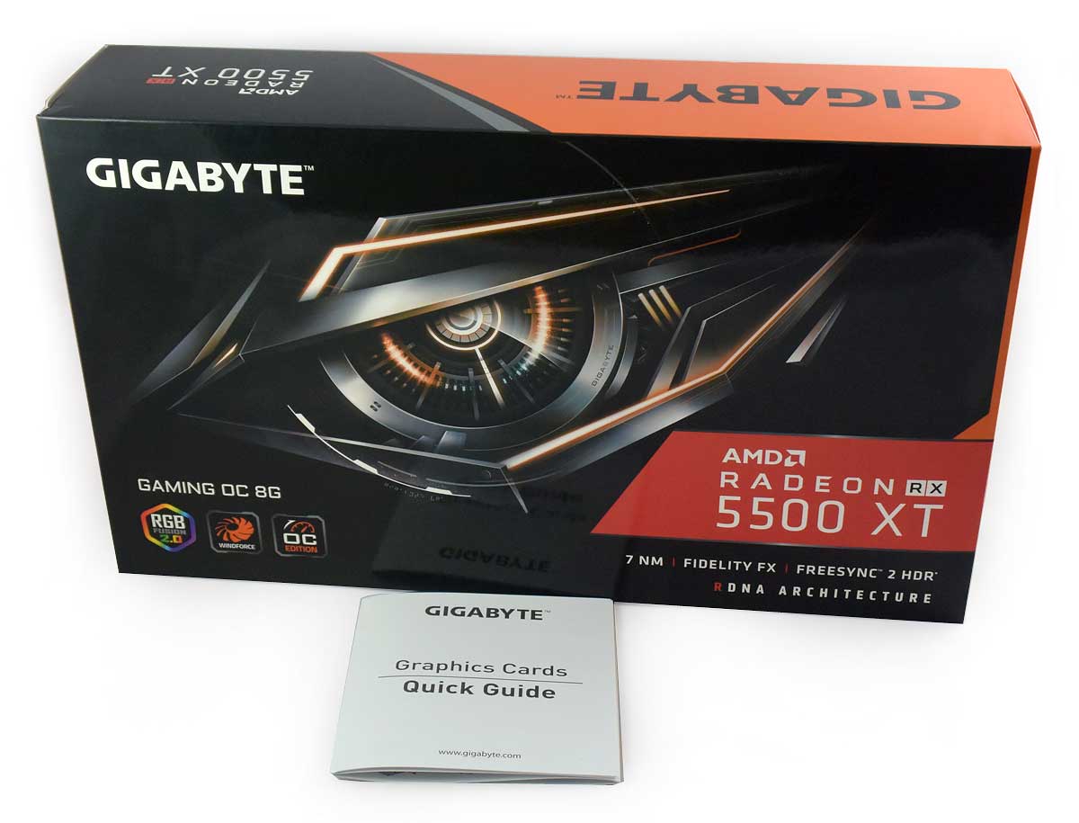 Pro zvětšení klikni Gigabyte RX 5500 XT Gaming OC 8G; balení