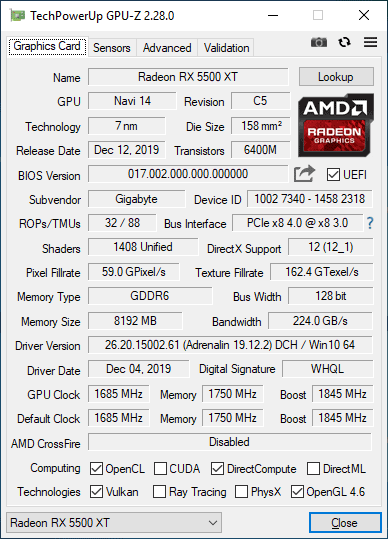 Pro zvětšení klikni Gigabyte RX 5500 XT Gaming OC 8G GPUZ