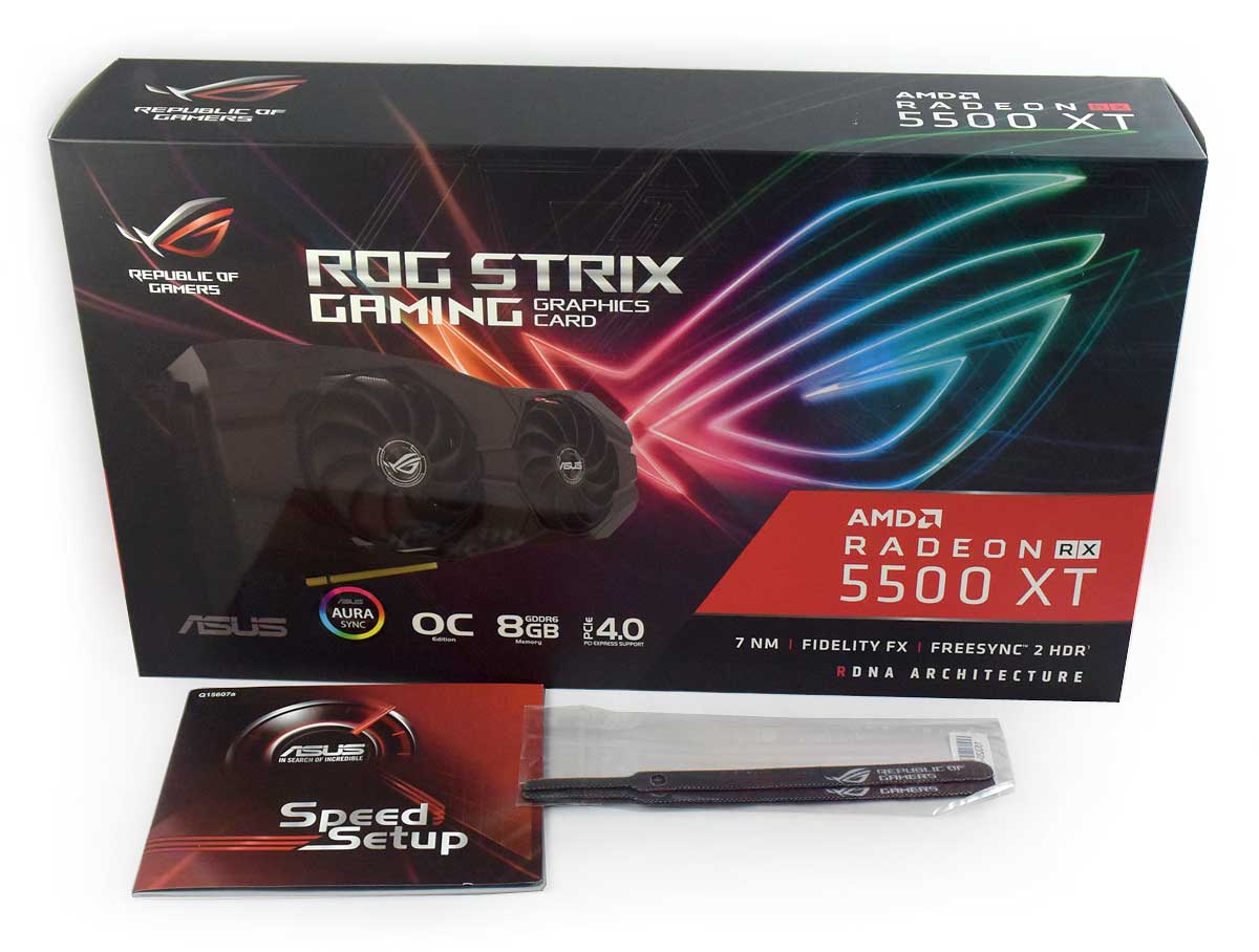 Pro zvětšení klikni Asus STRIX RX 5500 XT O8G Gaming; balení