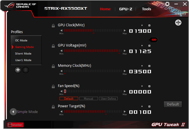 Asus STRIX RX 5500 XT O8G Gaming GPU Tweak advanced mode Asus STRIX RX 5500 XT O8G Gaming GPU Tweak advanced mode