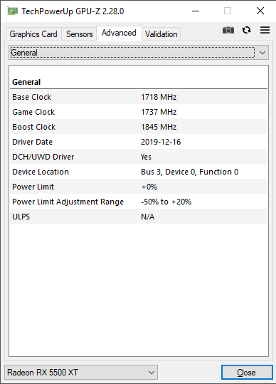 Asus STRIX RX 5500 XT O8G Gaming GPUZ; Performance mode