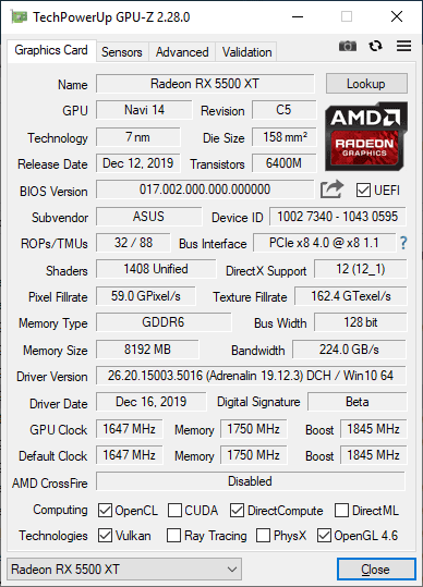 Pro zvětšení klikni Asus STRIX RX 5500 XT O8G Gaming GPUZ; Quiet mode