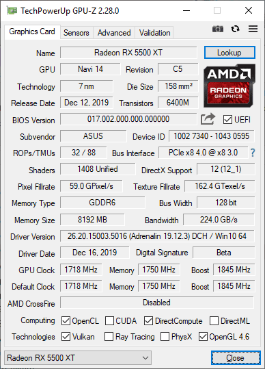 Asus STRIX RX 5500 XT O8G Gaming GPUZ; Performance mode