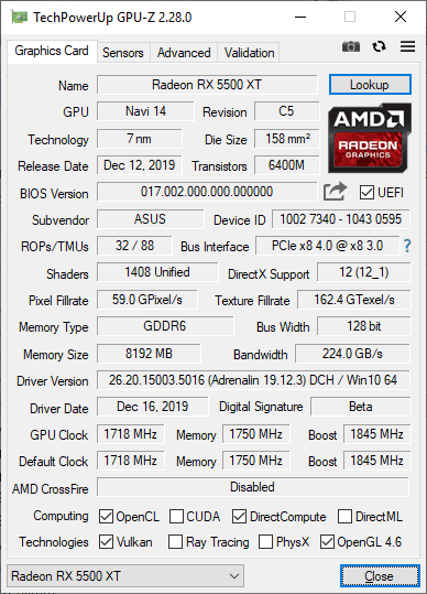 Pro zvětšení klikni Asus STRIX RX 5500 XT O8G Gaming GPUZ; Performance mode