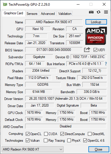 Gigabyte RX 5600 XT Gaming OC 6G GPUZ