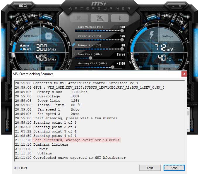 Gainward RTX 2080 Ti Phoenix GS přetaktování Afterburner