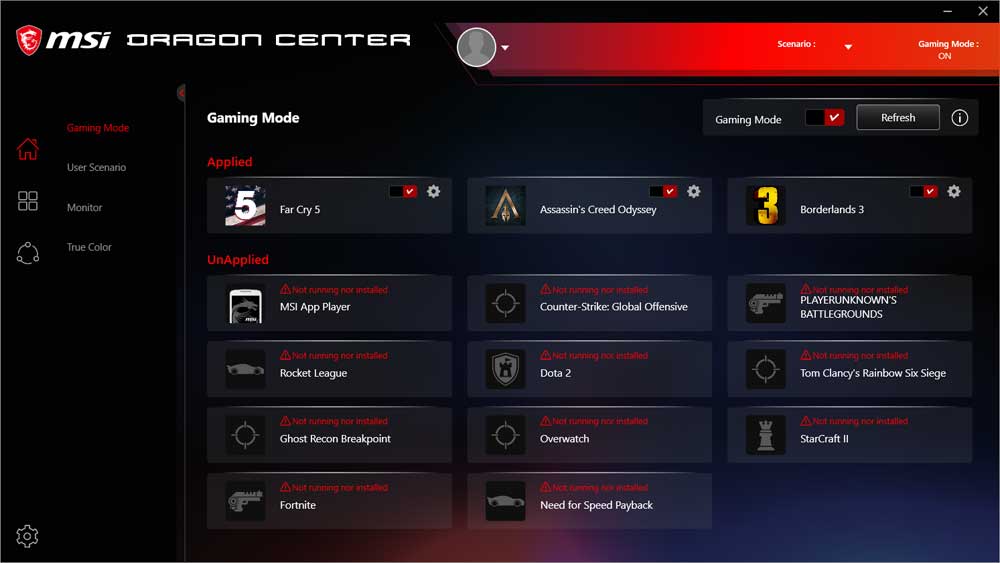 MSI Dragon Center; Gaming mode