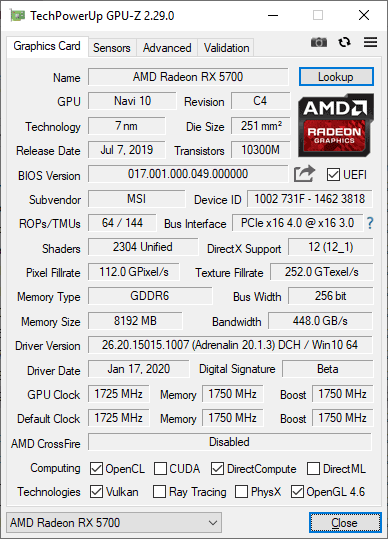 MSI RX 5700 GAMING X 8G GPUZ