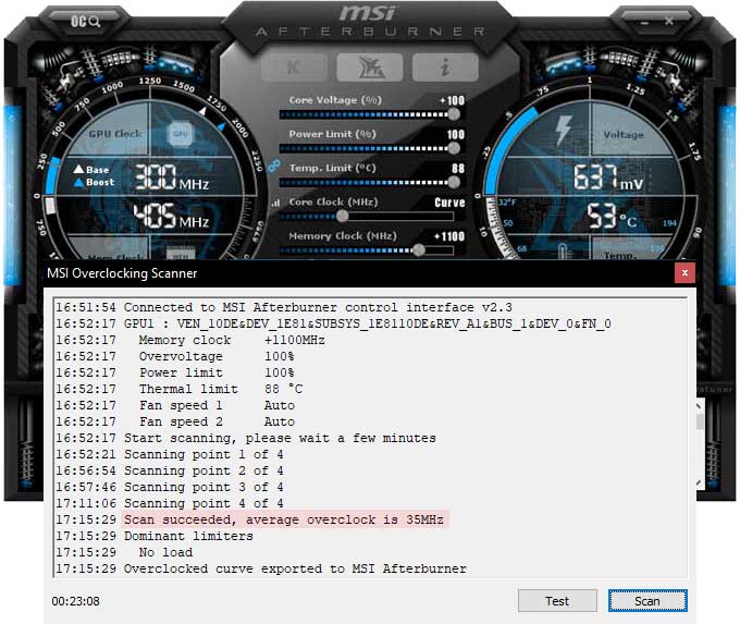 Přetaktování pomocí OC Scanner Gainward RTX 2080 SUPER Phoenix GS přetaktování Afterburner