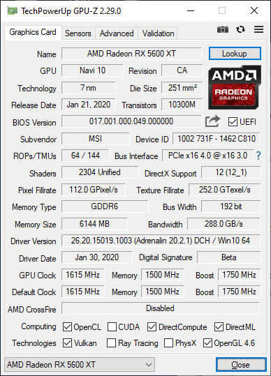 Pro zvětšení klikni MSI RX 5600 XT GAMING X 6G GPUZ