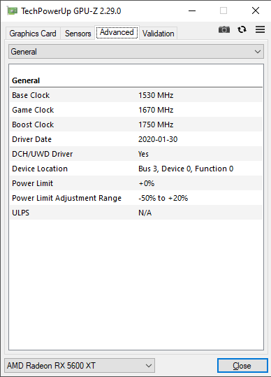 Asus STRIX RX 5600 XT T6G Gaming GPUZ; Performance mode
