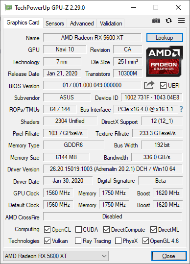 Asus STRIX RX 5600 XT T6G Gaming GPUZ; Quiet mode