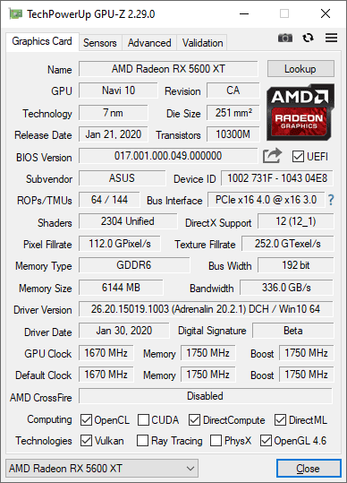 Asus STRIX RX 5600 XT T6G Gaming GPUZ; Performance mode