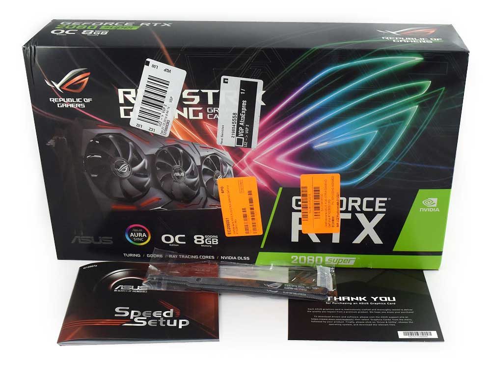 Pro zvětšení klikni Asus STRIX RTX 2080 SUPER O8G Gaming; balení
