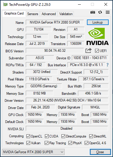 Pro zvětšení klikni Asus STRIX RTX 2080 SUPER O8G Gaming GPUZ; Quiet mode