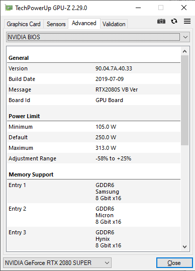 Asus STRIX RTX 2080 SUPER O8G Gaming GPUZ; Performance mode