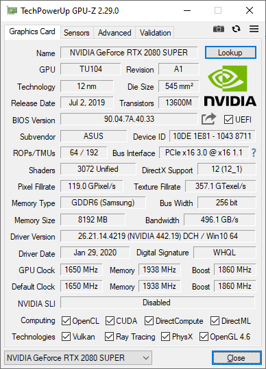 Pro zvětšení klikni Asus STRIX RTX 2080 SUPER O8G Gaming GPUZ; Performance mode