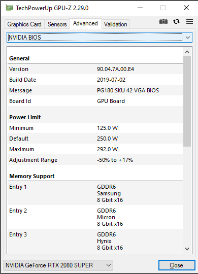 EVGA RTX 2080 SUPER XC Hybrid Gaming GPUZ TDP