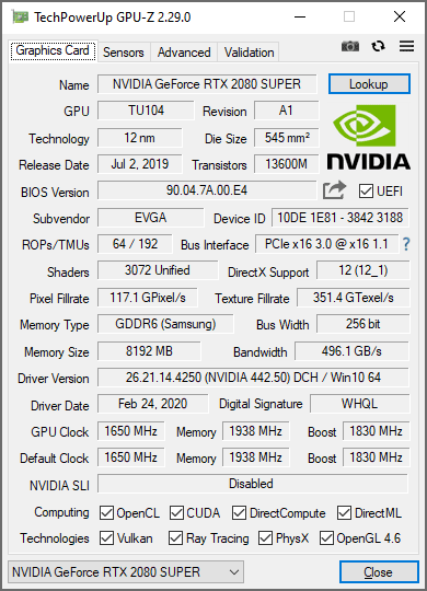 EVGA RTX 2080 SUPER XC Hybrid Gaming GPUZ