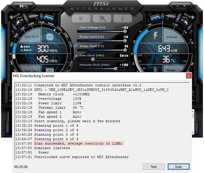 Přetaktování pomocí OC Scanner EVGA RTX 2080 SUPER XC Hybrid Gaming přetaktování Afterburner