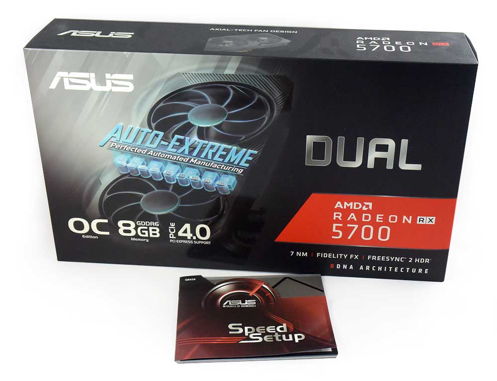 Pro zvětšení klikni Asus DUAL RX 5700 O8G EVO; balení