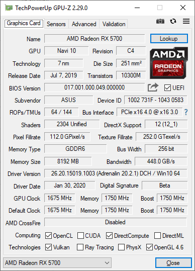 Pro zvětšení klikni Asus DUAL RX 5700 O8G EVO GPUZ